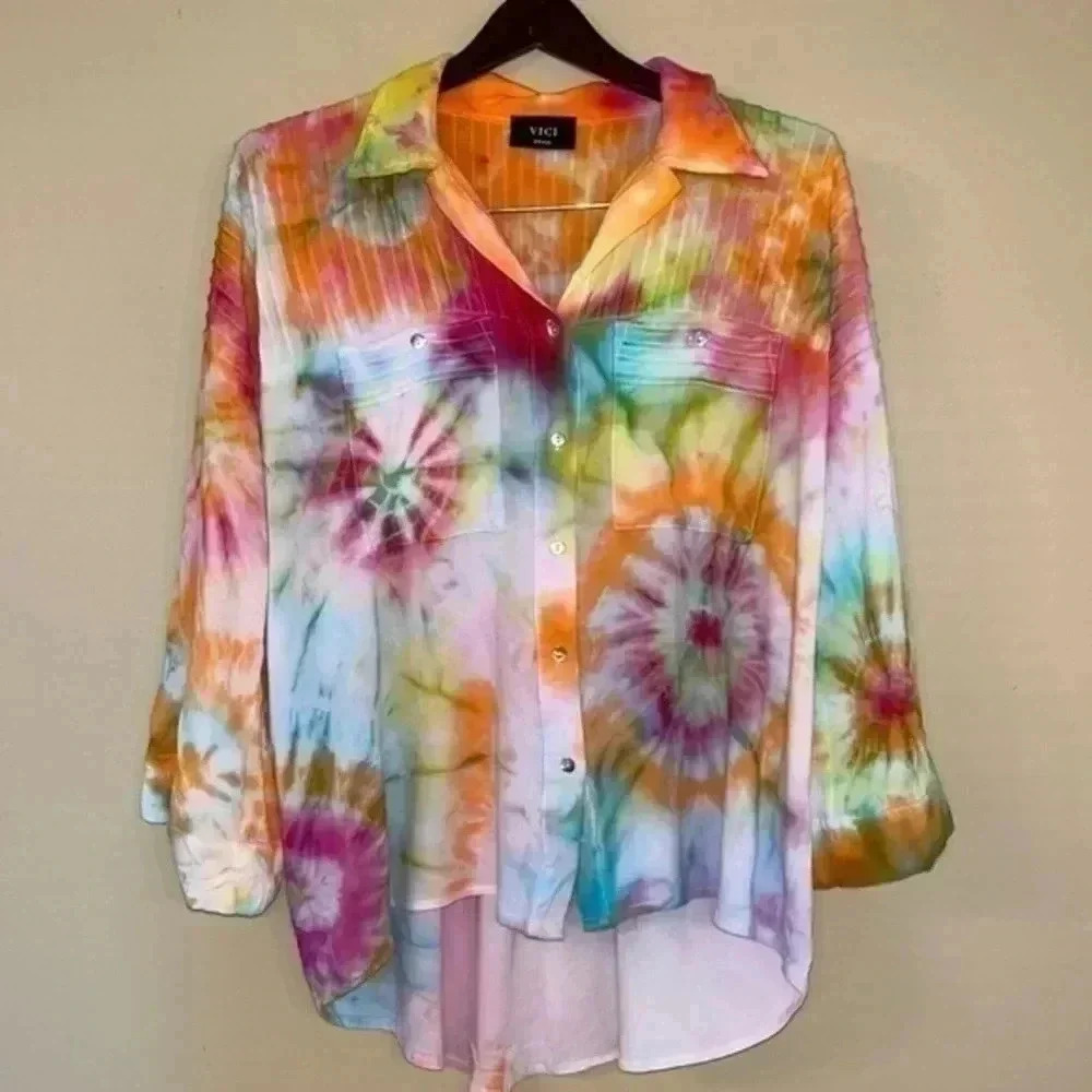 Vici Multicolor Tie-Dye Button Down Blouse